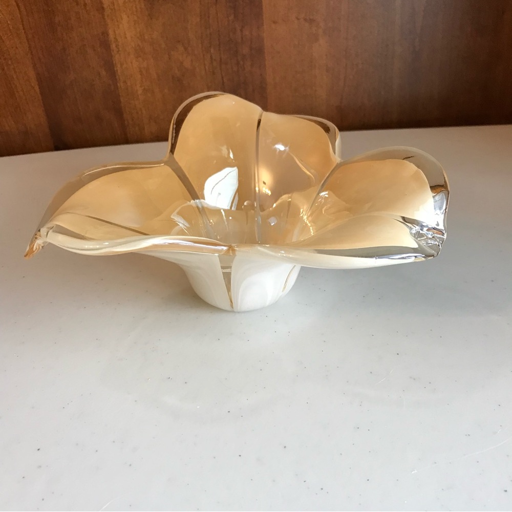 Vintage Hand Blown Cased Glass Art Glass Bowl Candle Holder Peach and White